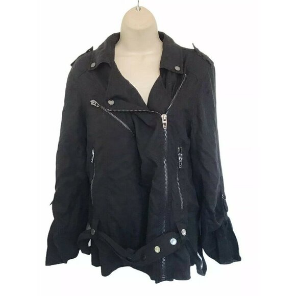 BLANKNYC Women's Sz M Black Tencel Moto Jacket Side Zip Belt Roll Tab Sleeves - Picture 2 of 9